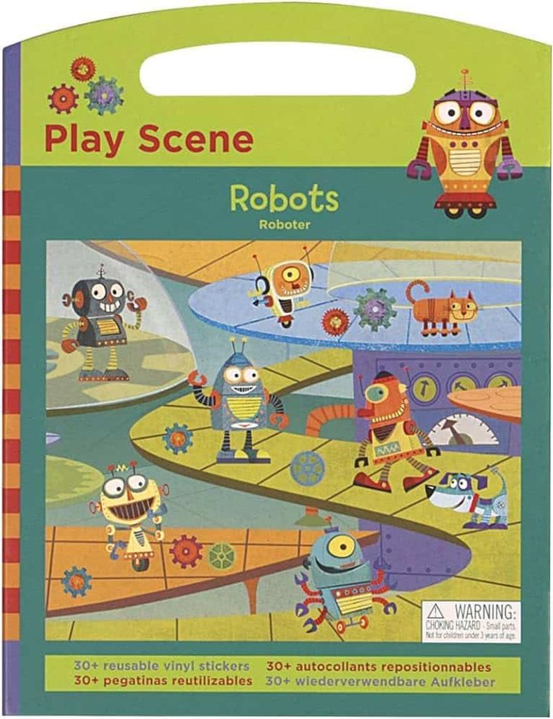 Dame-Roboter spielen Szene mit wiederverwendbaren Aufklebern