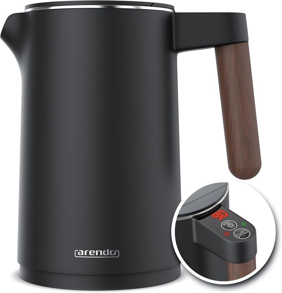 Edelstahl Wasserkocher mit Temperatureinstellung 45–100°C, 1,5L, Doppelwand, Warmhaltefunktion, LED-Anzeige, Cool-Touch-Griff,BPA-frei,Teekocher...