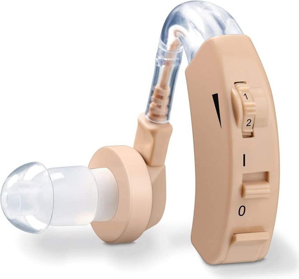 A beige hearing aid with a clear tube and earbud is shown against a white background.
