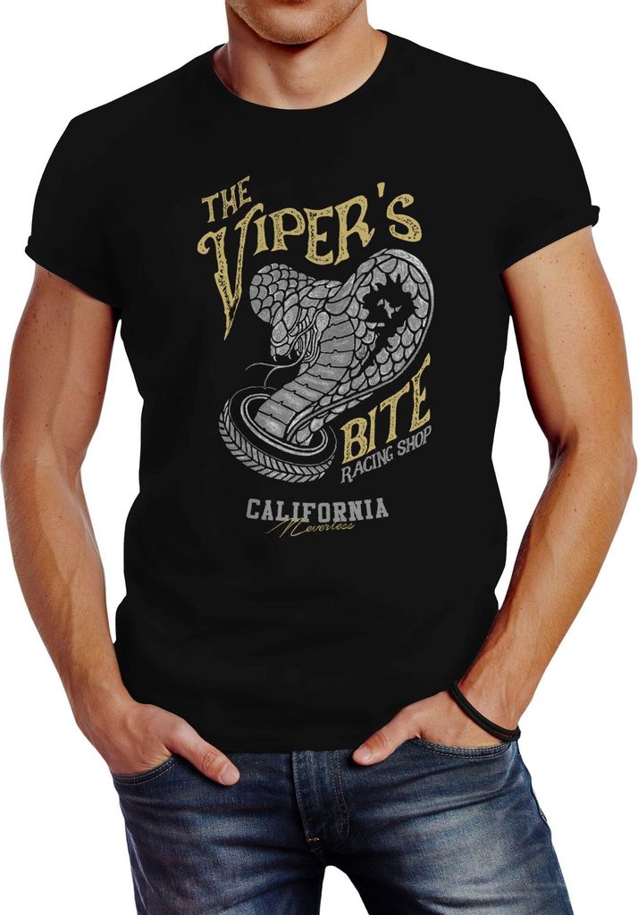 Herren T-Shirt The Vipers Bite Racing Shop California Klapperschlange Tatto Style Slim Fit Neverless schwarz 3XL