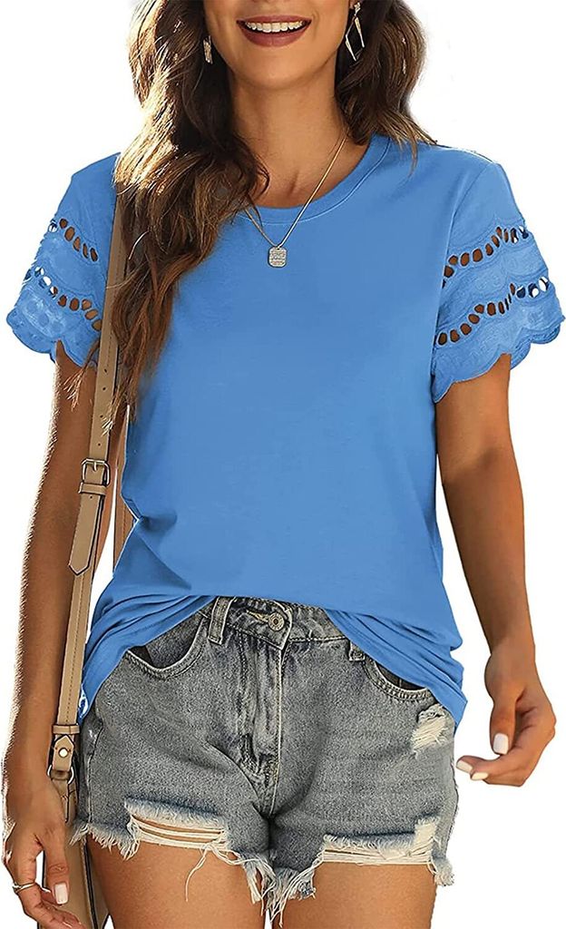 ASKSA Damen T-Shirt Rundhals Kurzarm Oberteile Sommer Einfarbig Blusen Tops, Blau, XXL