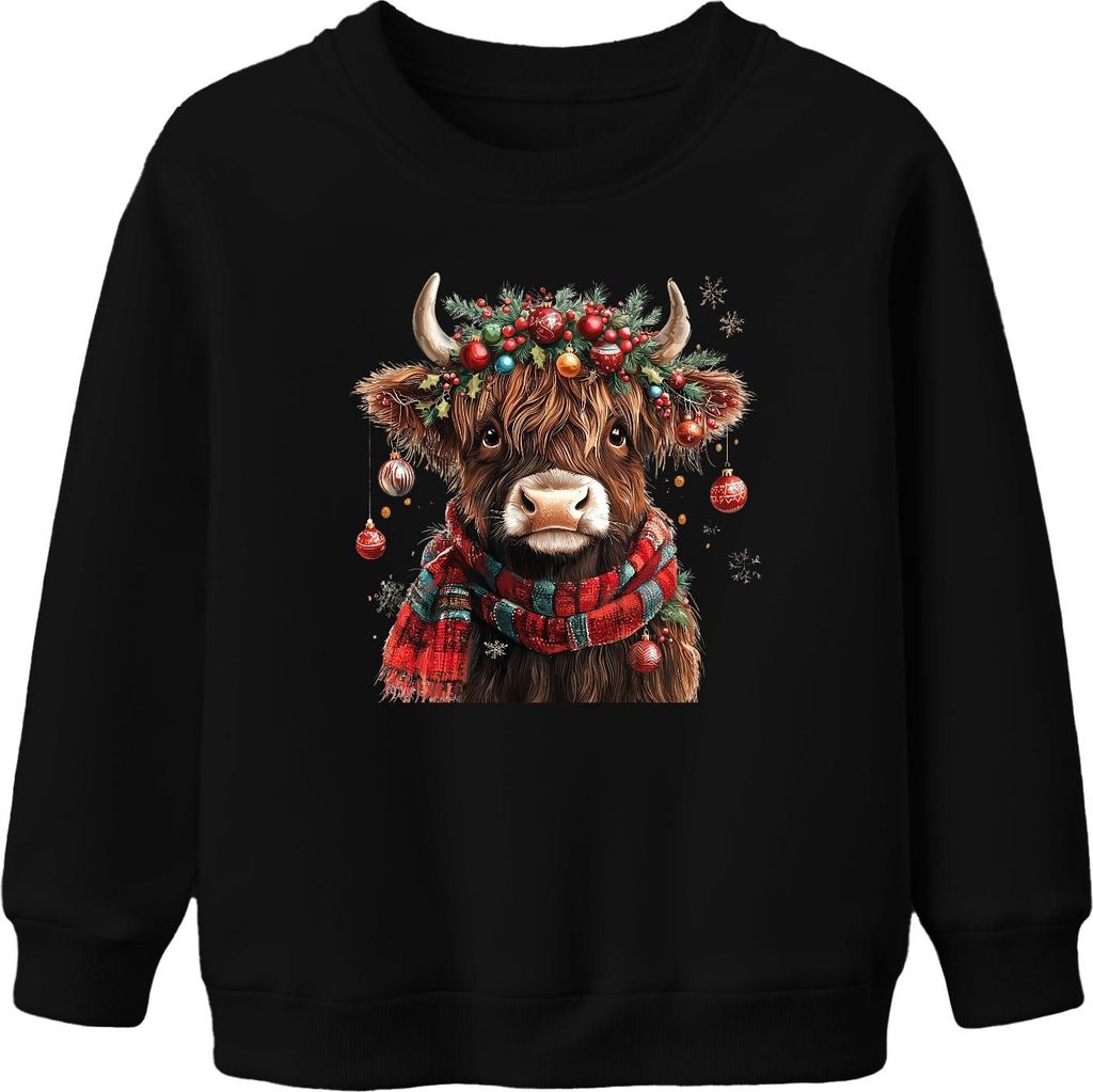 Schottische Hochlandkuh Weihnachten festlich Bauernhof Geschenk Uni Kinder Sweatshirt Pullover, Schwarz, 104