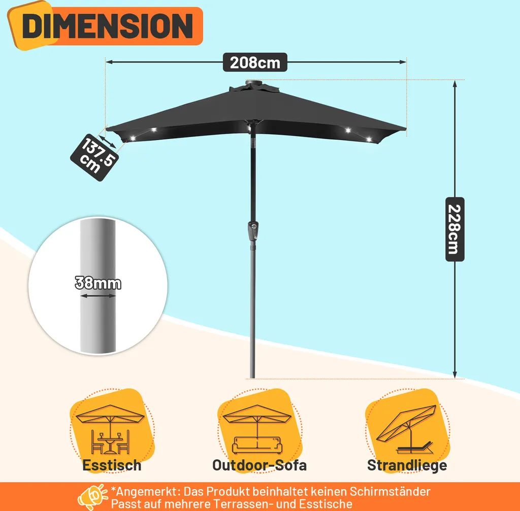 Ombrellone Bettizia 1.4x2.1m LED: Parasole da Balcone Inclinabile Grigio - 2