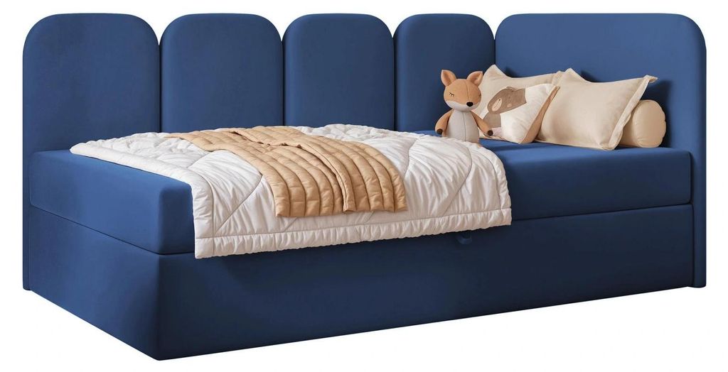 Jugendbett FINO 100x200 Rechts Bettkasten Bonellmatratze Indigoblau Velours