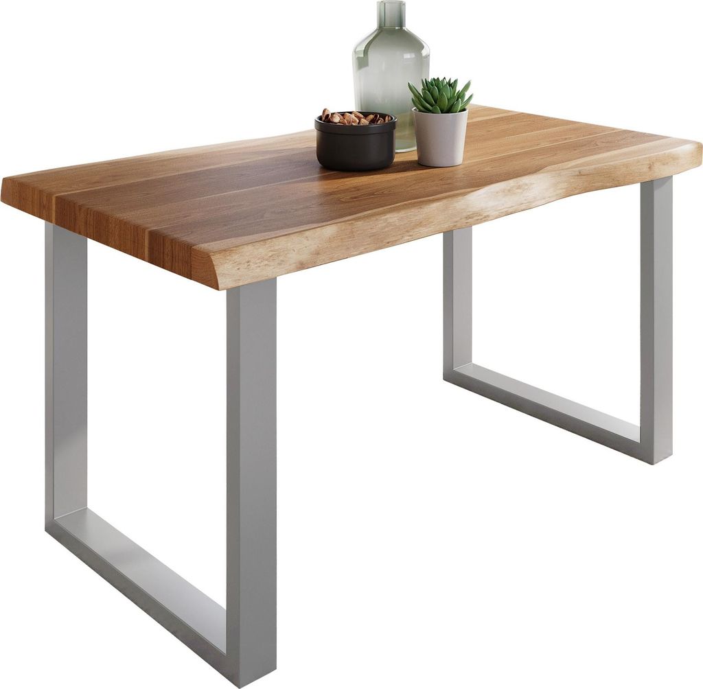 Esstisch Baumkante massiv Akazie Natur 120 x 80 U-Gestell silber ATLAS