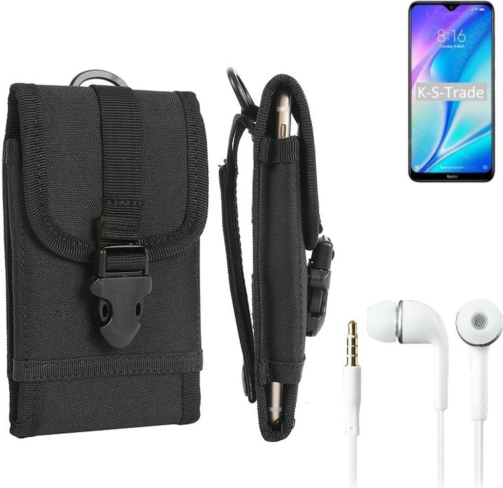 K-S-Trade Holster Schutz Hülle kompatibel mit Xiaomi Redmi 8A Dual Gürteltasche Handy Hülle Tasche outdoor Seitentasche schwarz 1x + Kopfhörer