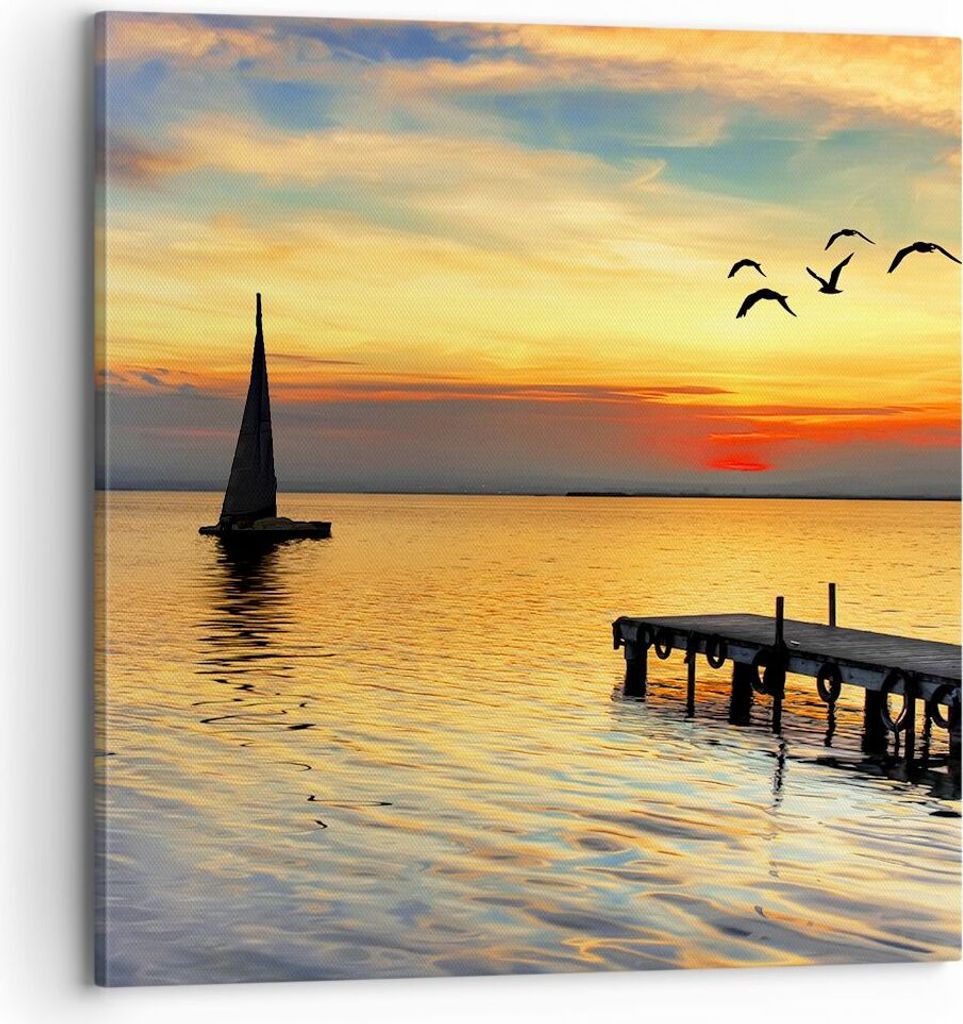 Bild auf Leinwand - Leinwandbild - Strand landschaft wasser brücke - 70x70cm - Wand Bild - Wanddeko - Leinwanddruck - Bilder - Kunstdruck - Wandde...