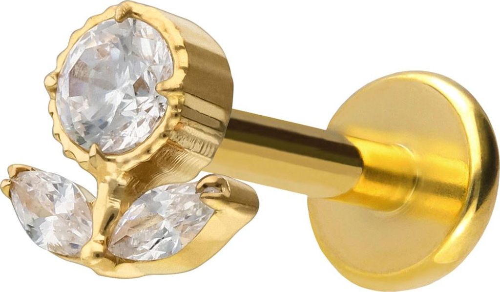 Ohrpiercing, Nasenpiercing Titan Labret mit Push Fit KRISTALLBLUME Gold Stablänge: 9mm | Stabstärke: 1,2mm