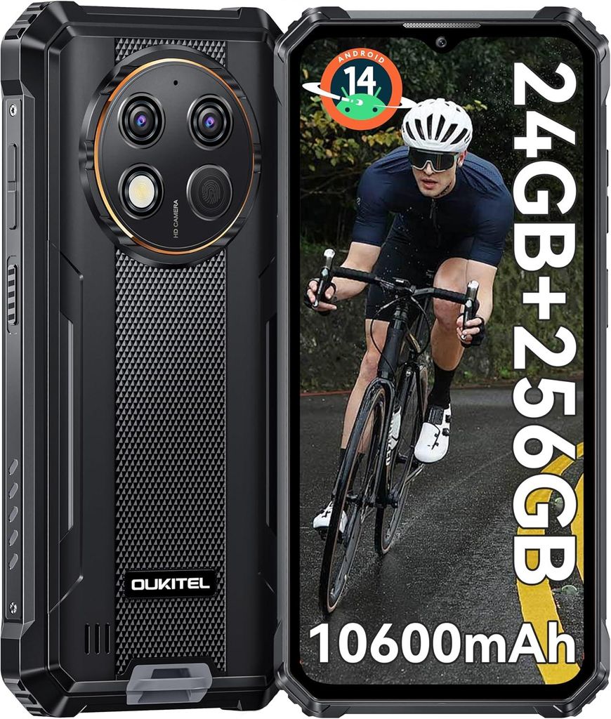 OUKITEL G1 Android 14 Outdoor Smartphone Ohne Vertrag 24GB+256GB 10600mAh 6,52 Zoll 48MP Dual SIM 4G Outdoor Handy IP68/NFC/OTG/GPS/Face ID - Schwarz