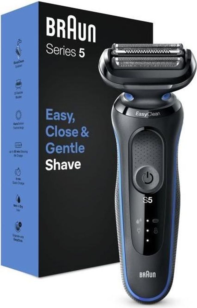 Elektrischer Rasierer, Braun Series 5 51-B1000s, 50 Min. Akkulaufzeit, Schwarz/Blau, Abwaschbarer Scherkopf