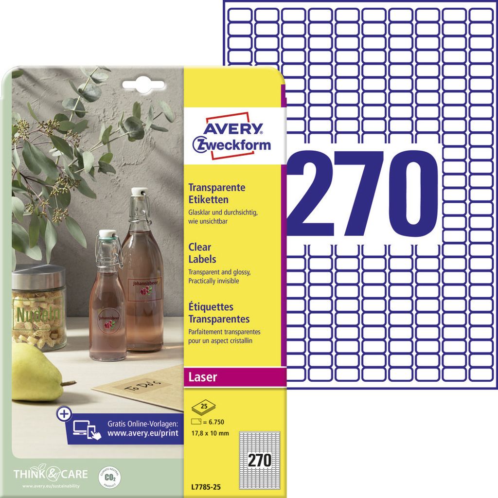 Avery Zweckform L7785-25 Transparente Etiketten, A4, 17,8 x 10 mm, 25 Bogen/6.750 Etiketten, transparent