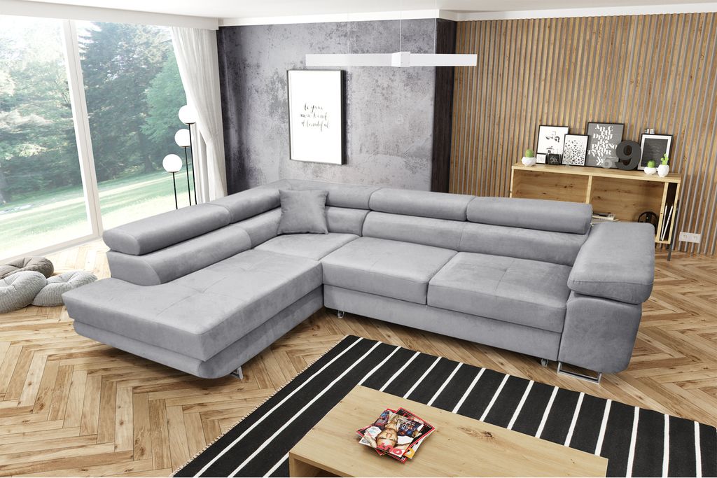 MYSEN Ecksofa Lugo mit Schlaffunktion L-Form Links, Sofa mit Bettkasten, Wohnzimmersofa, Couch, Soffa, Bettsofa, Couchgarnitur, 277x203 cm, Hellgrau