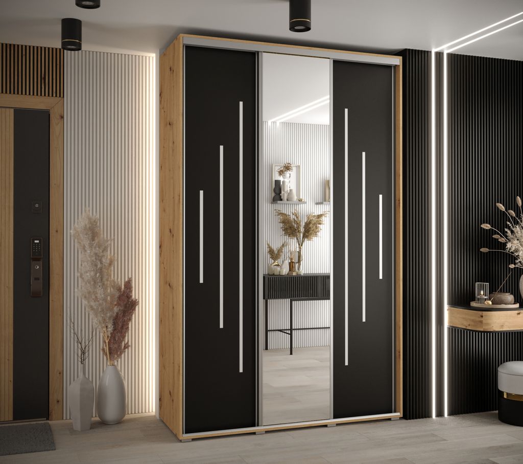Kleiderschrank YVONA 13 - 150/45 cm, Eiche handwerklich / schwarz / silber