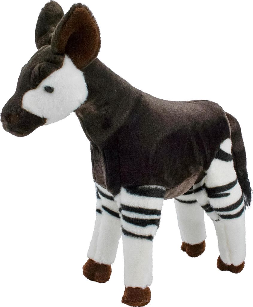 A stuffed toy okapi standing on a white background.