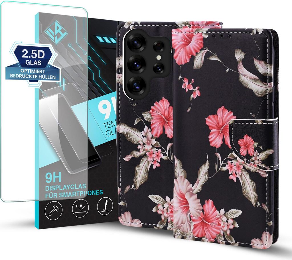 Handy Hülle für Samsung Galaxy S25 Ultra mit 9H Displayglas Klapphülle Bookcase Flip Cover Handy Tasche Etui Motiv: Blumen Hibiskus Blüten