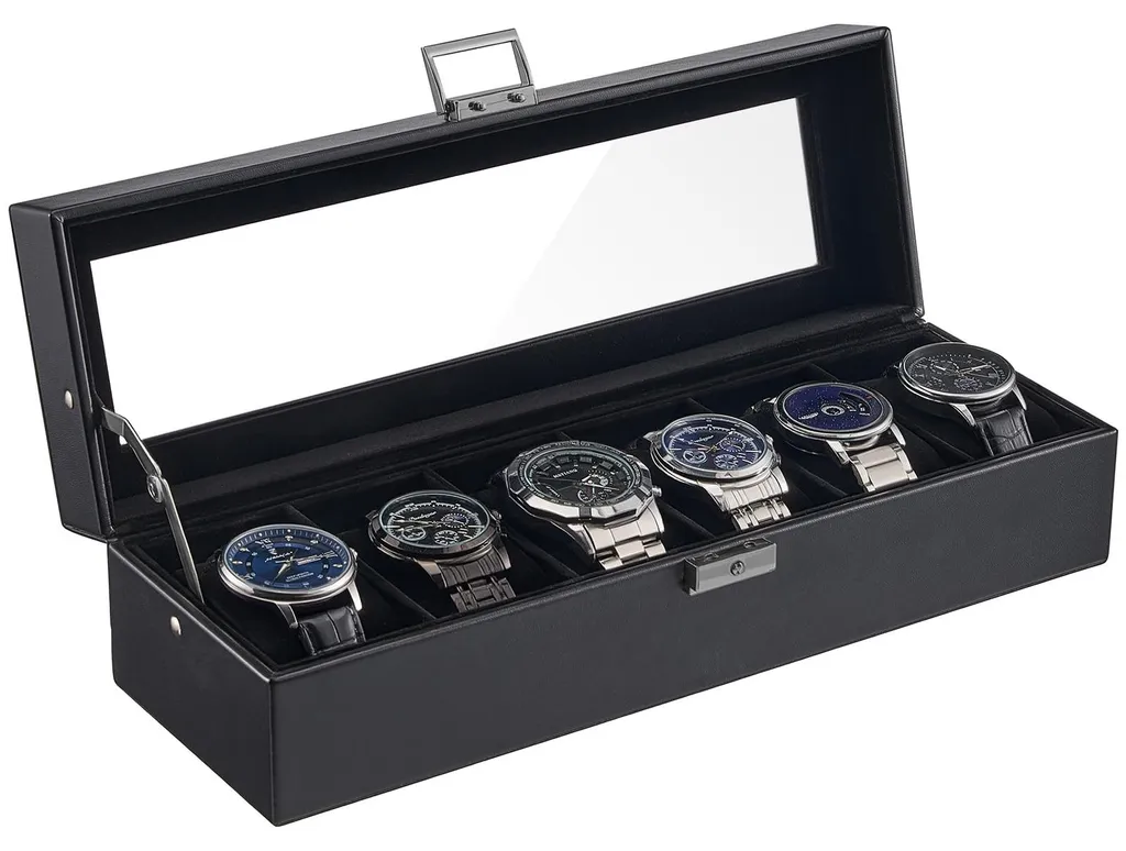 Rangement montres pour dressing coffret 6 places en cuir rigide noir mat