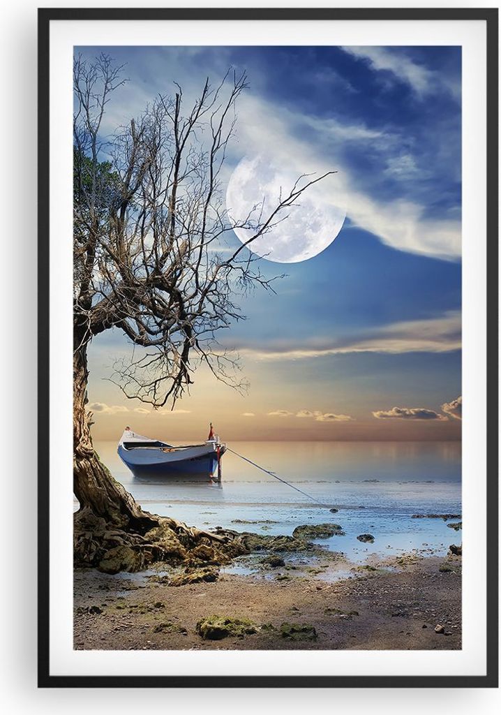 Gerahmtes Poster - Schwarzer Rahmen - Nacht Mond Boot - 61x91,5 cm - Wand Bild - Wanddeko - Wandbilder - Kunstposter - Wandposter - Bilderrahmen - ...
