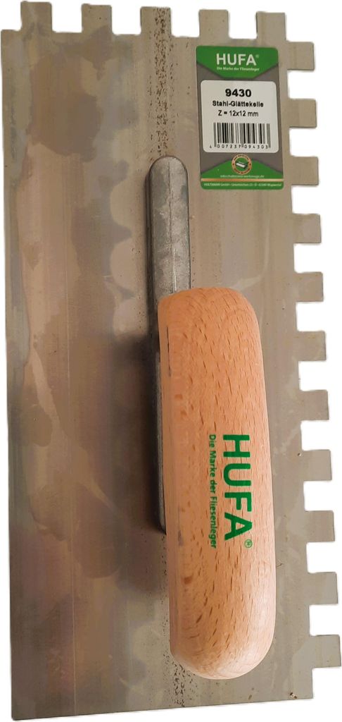 Hufa Glättekelle Stahl Holzgriff 280mm x 130mm 12x12mm gezahnt