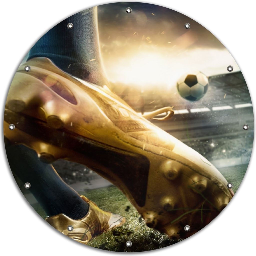 Wallario rundes Outdoor-Poster für Garten oder Balkon, Motiv Fußball Goldschuh auf dem Feld, 90 cm Durchmesser