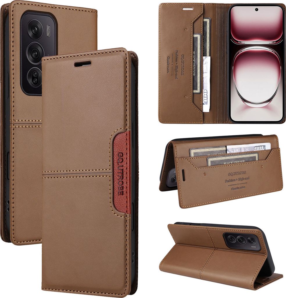 Handyhülle für Oppo Reno12 Pro 5G Hülle, Leder Flip Wallet Kartenfach Stand Schutzhülle Braun