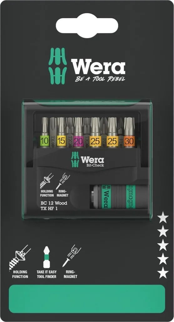 Jeu d'Embouts Spécial Bois Wera Bit-Check 12 pour Vissage Précis TORX