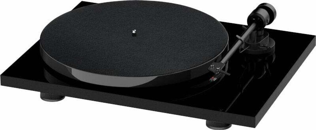 A black turntable is shown from a slightly elevated angle against a white background.