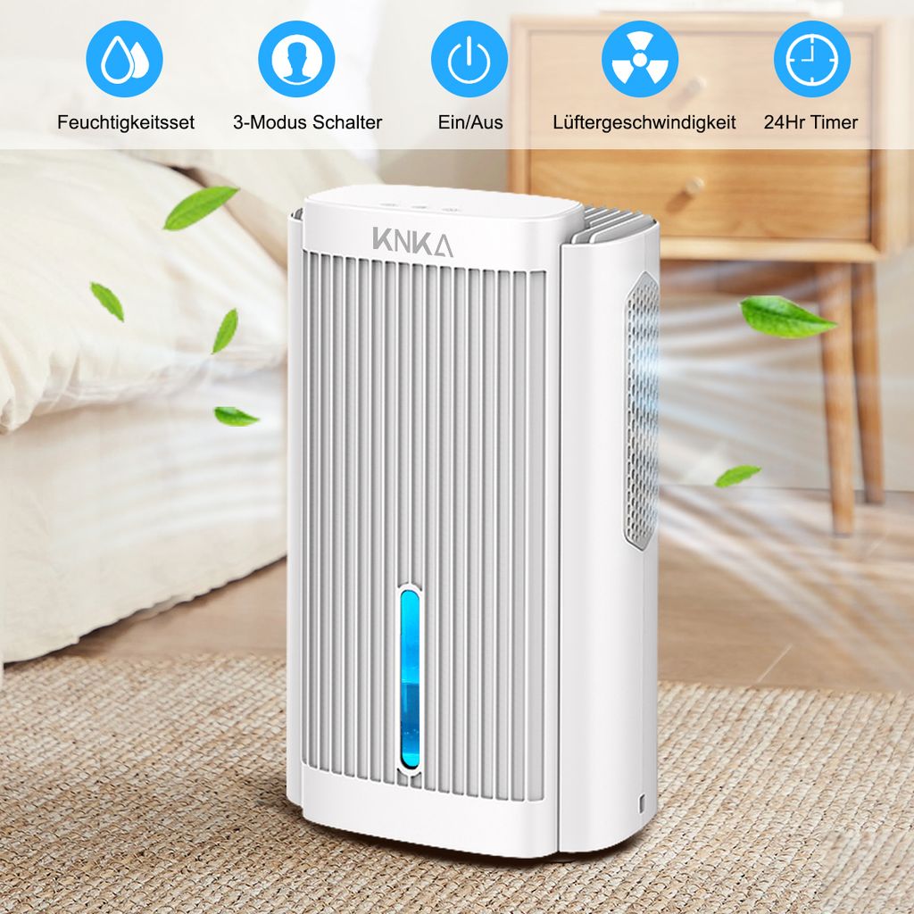 KNKA Elektrischer Luftentfeuchter klein, 2800ml Raumentfeuchter leise, Mini Entfeuchter für Schlafzimmer, Wohnung, Bad, Keller, Büro, Wohnwagen, Mit 7 Farben Nachtlicht & 24H Timer, Weiß