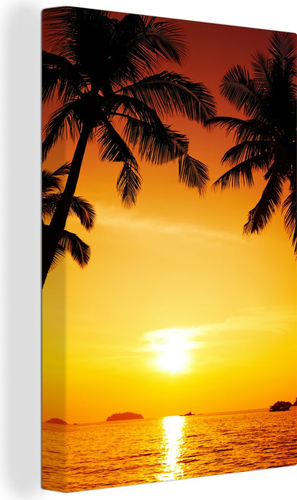 OneMillionCanvasses - Leinwandbilder - 90x140 cm, Palme - Sonnenuntergang - Strand - Orange - Tropisch, Wandbilder Kunstdruck Wanddekoration - Fo...