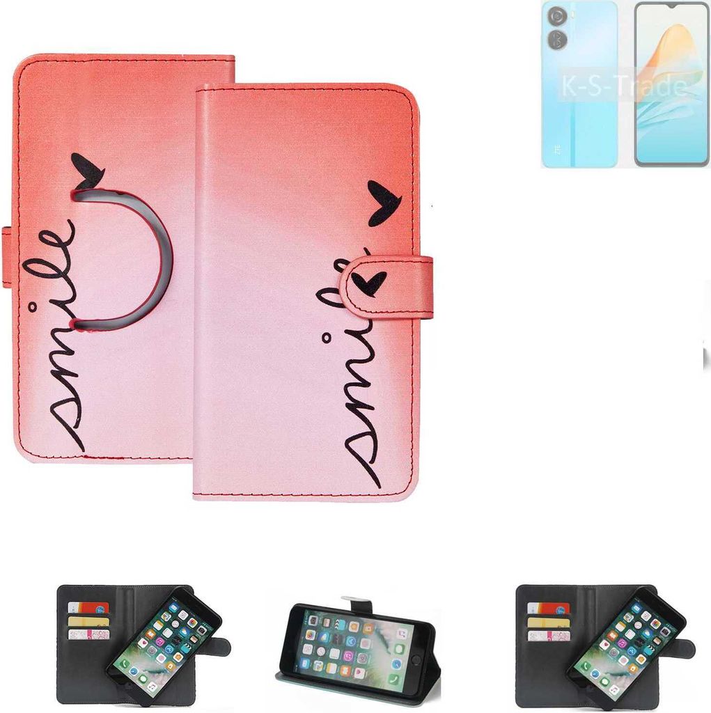 K-S-Trade Schutzhülle Handyhülle kompatibel mit ZTE Axon 40 Lite Hülle cover bookstyle Etui “smile“ rot Standfunktion Kameraschutz (1Stk)