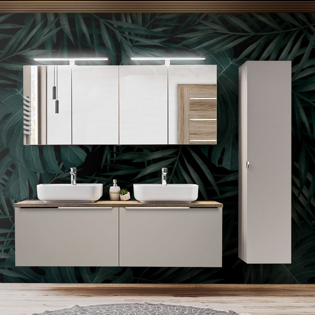 Badmöbel Set in taupe mit Vintage Eiche PUEBLA-56-TAUPE Waschtisch mit 2 Keramik-Waschbecken, 2 LED-Spiegelschränke & Hochschrank, B/H/T 215/200/...