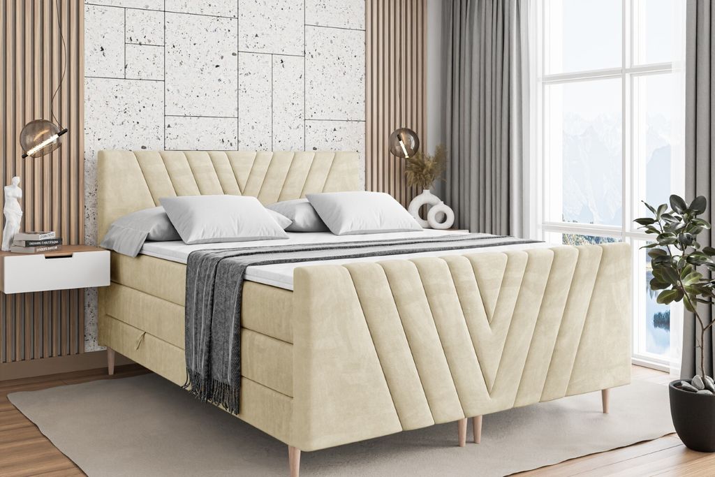 ALTDECOR Boxspringbett mit Holz Füßen, Matratze und Lattenrost, Topper, Fußteil, Polsterbett mit Bettkasten, Bett mit Stauraum H3- und H4- Matra...