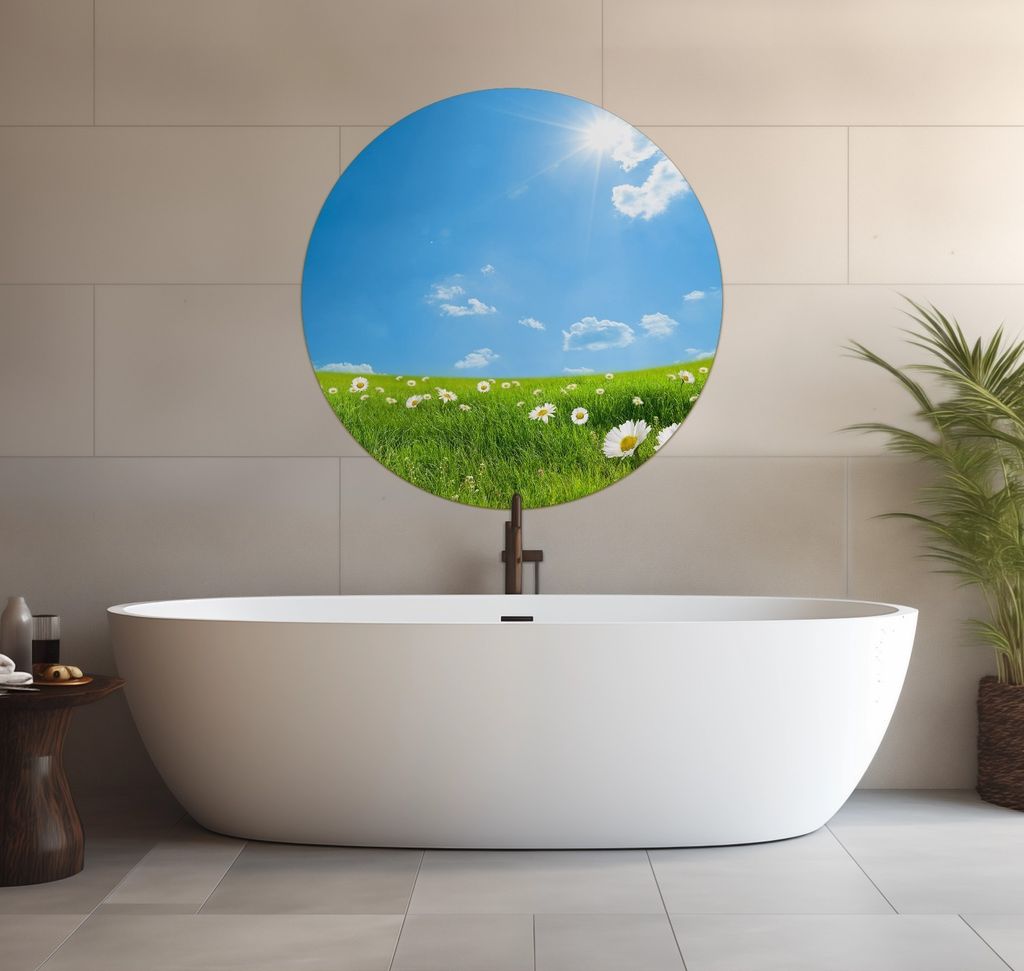 Wallario wasserfestes Poster selbstklebend 90 x 90 cm, Sommerwiese - Weiße Gänseblümchen vor blauem Himmel, Badezimmerposter Spritzschutz mit Ho...