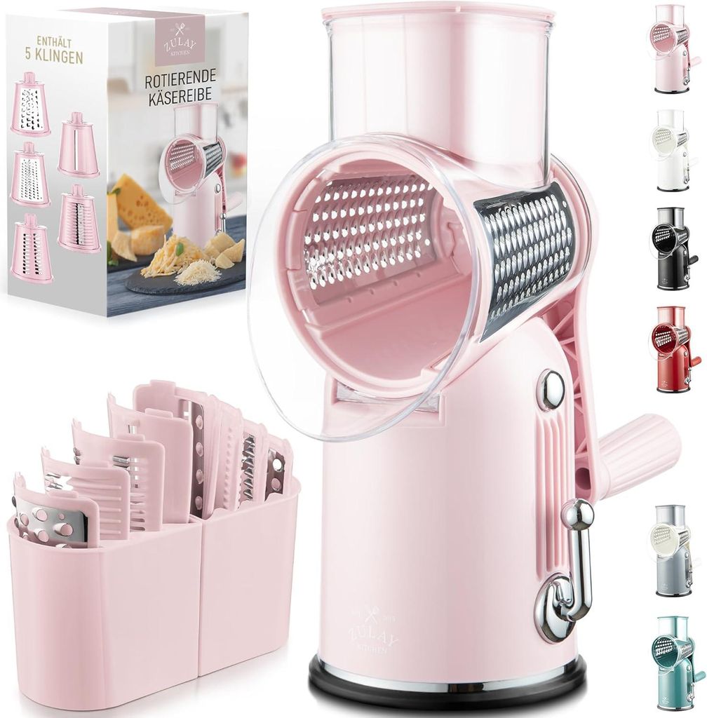 5-in-1 Käsereibe mit Kurbel Edelstahl Gemüsereibe mit Saugfuß, Trommelreibe für Käse Gemüse Nüsse, Parmesanreibe, spülmaschinengeeignet Kü...
