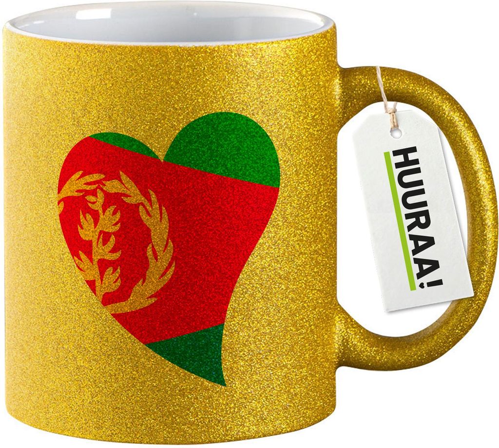 Huuraa Glitzertasse Eritrea Flagge Herz 330ml Gold Keramik Kaffeebecher Geschenkidee