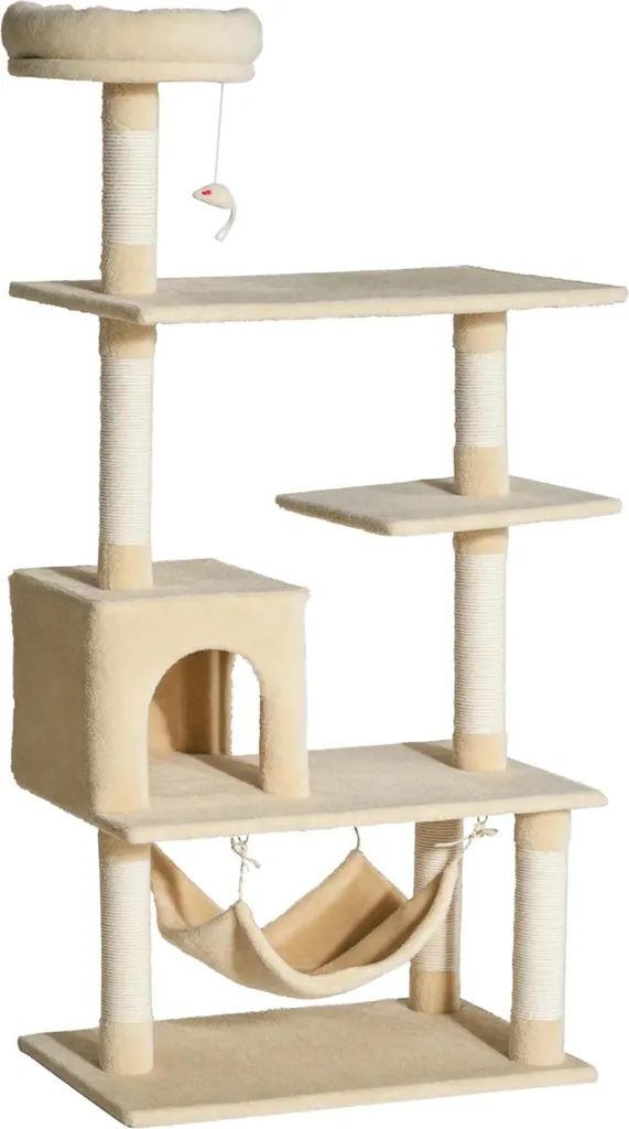 Arbre à chat beige 152 cm avec hamac et grotte - Tour de jeu multi-niveaux
