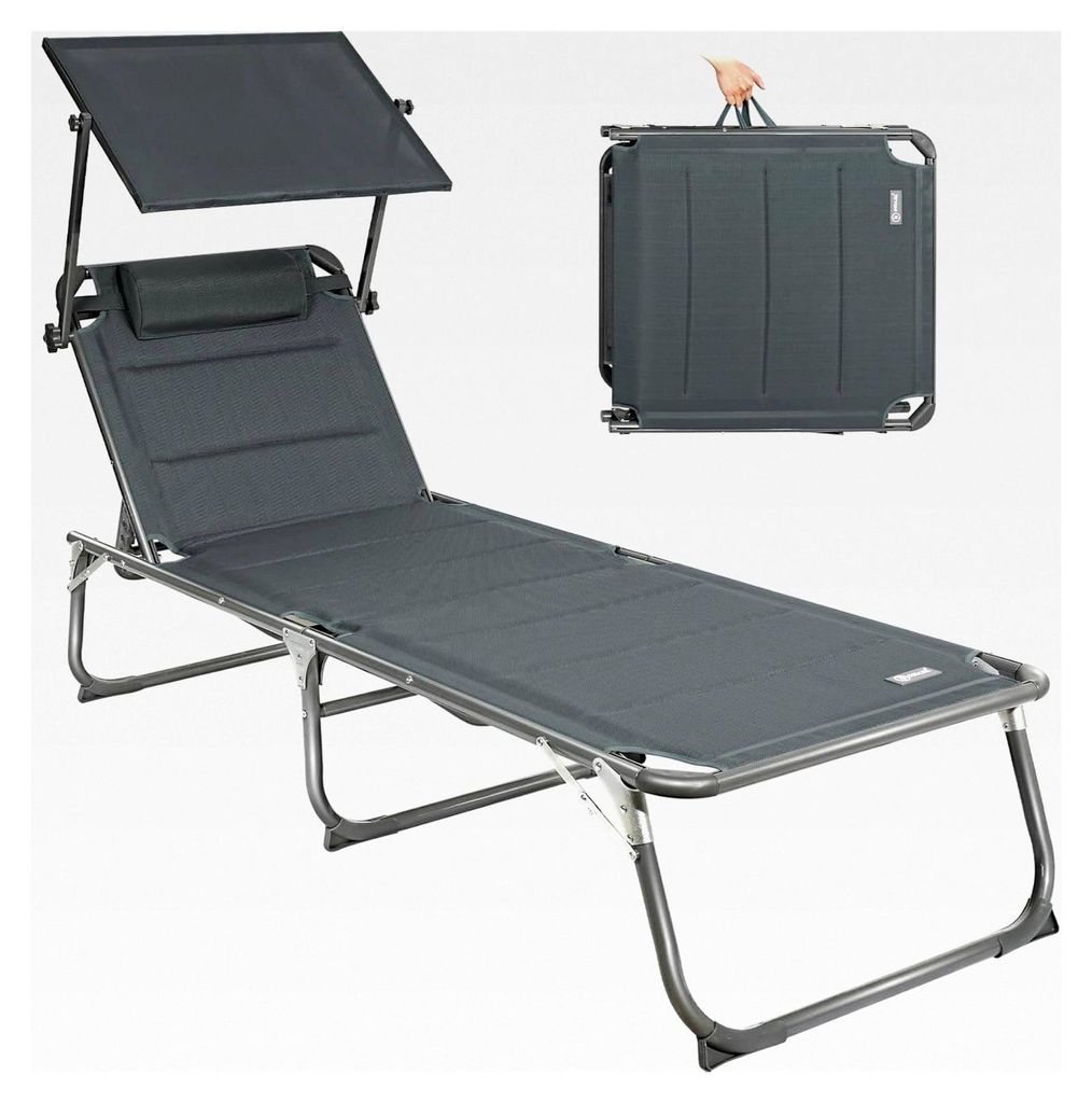 Klappbare Sonnenliege mit Dach, Kopfstütze, 5-fach verstellbarer Rückenlehne, 200 x 70 cm, wetterfest, Gartenliegestuhl klappbar, leicht, bis 180...