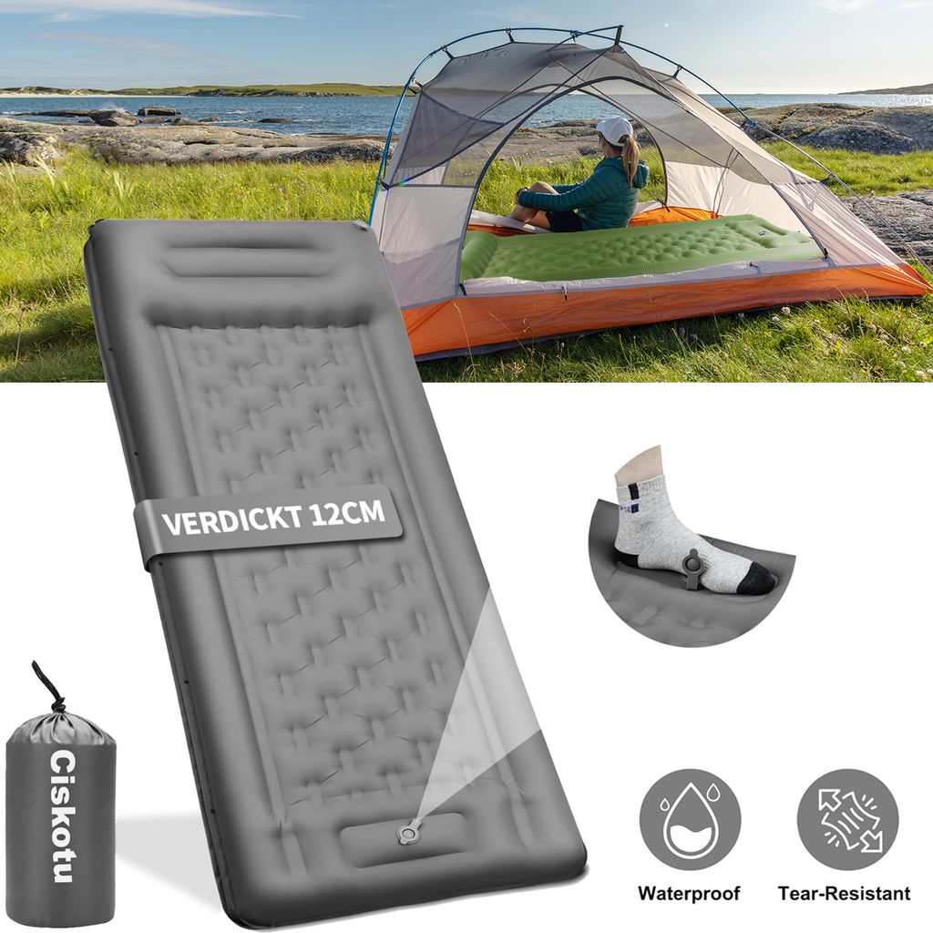 Isomatte Selbstaufblasend, Verdickt 12CM luftmatratze selbstaufblasend, Camping matratze mit Fußpumpe|Kissen, für Outdoor, Wandern und Reisen (Grau)