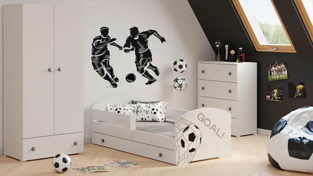 Lit junior 140x70 cm blanc avec rangement intégré et design football