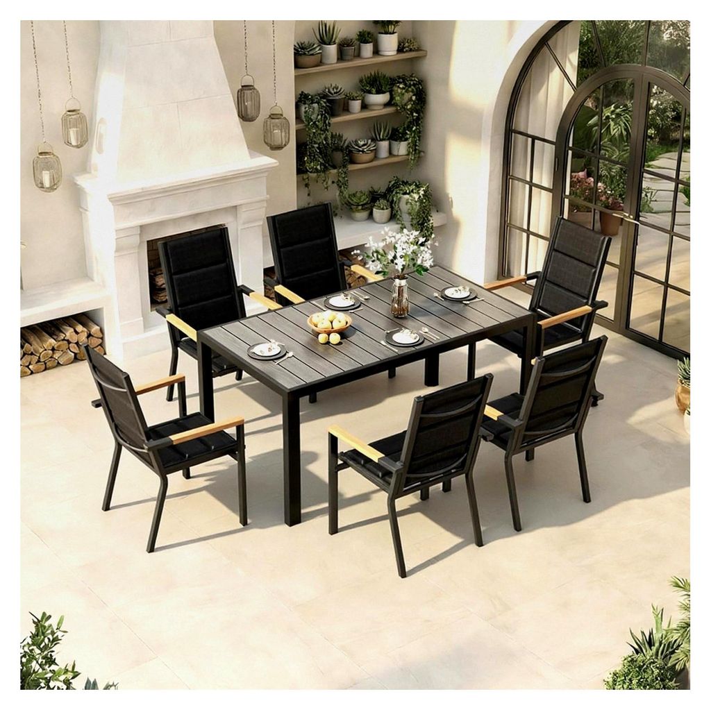 Gartenmöbelset für 6 Personen, Balkonmöbel aus Aluminium, 6 stapelbare Stühle mit Holzmaserung und 1 Gartentisch 150 cm aus PS, Terrassenmöbel...