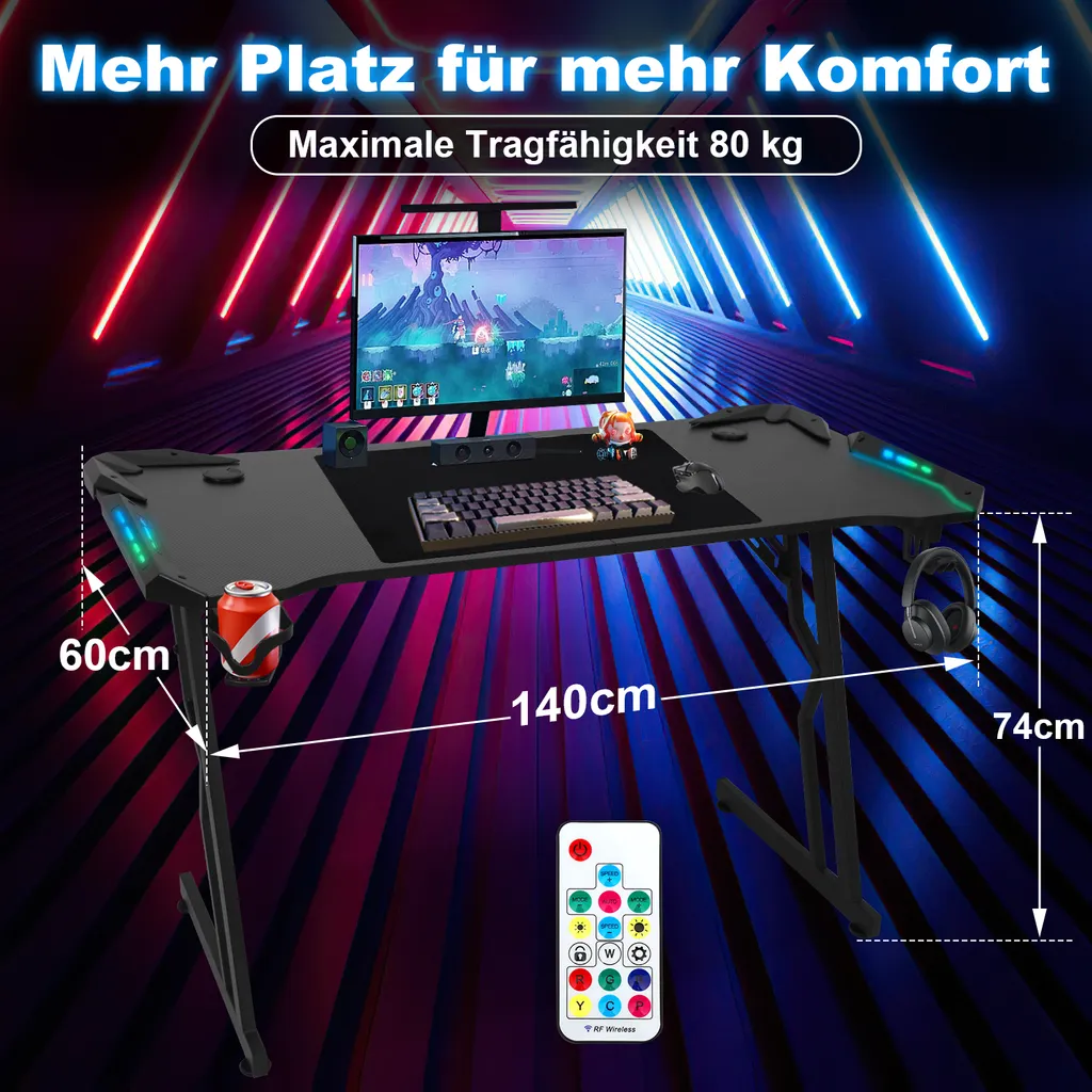 Jayseuw Tavolo da gioco 140 x 60 cm LED Gaming Desk Robusto tavolo per computer Tavolo per PC nero con portabicchieri e rivestimento in fibra di carbonio per cavi Tavolo per gamer Tavolo per ufficio da gioco - 2