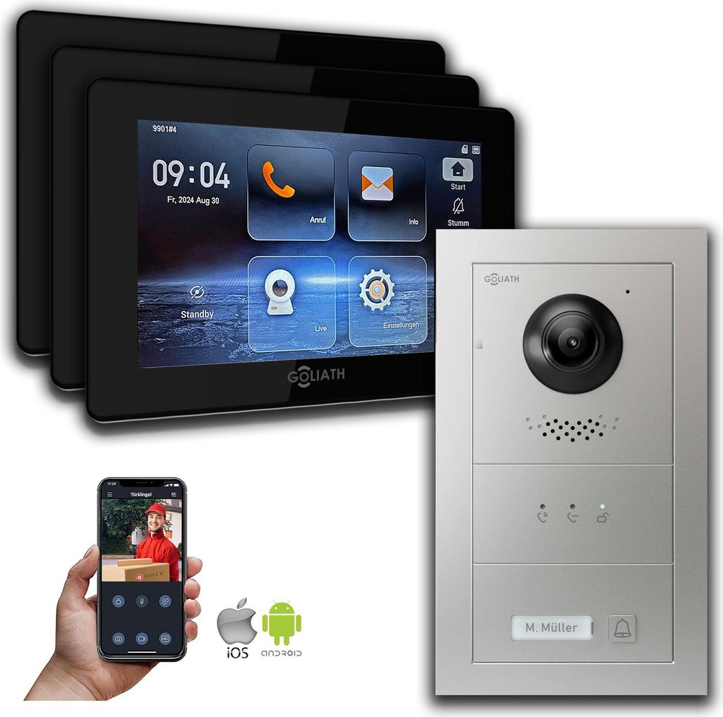 Goliath IP Video Türsprechanlage mit Kamera 7-Zoll Silber : Aufputzdose : 7 Zoll in Schwarz : 3 Monitore Anzahl: 3 Monitore Farbe: 7 Zoll in Schwa...