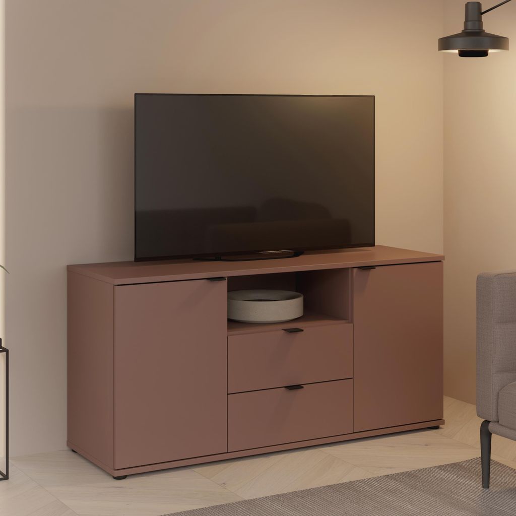 Forte GANYMEDE TV-Schrank 130, minimalistisches Lowboard, 2-türig, 2 Schubladen, offenes Fach, Holzwerkstoff, Wohnzimmer, Terrakotta, 129,8 cm bre...