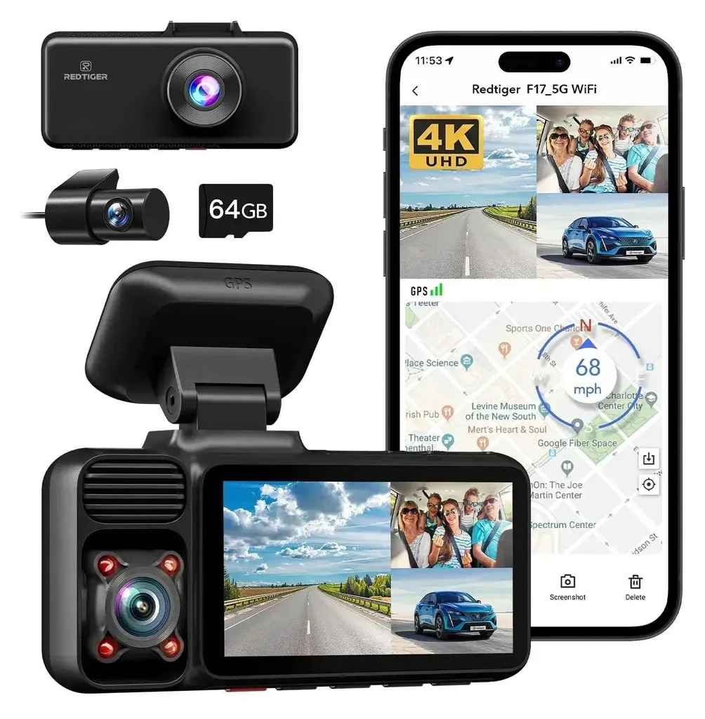 Dashcam 4K avec Système à Double Caméra et Carte Micro SD 64 Go Incluse