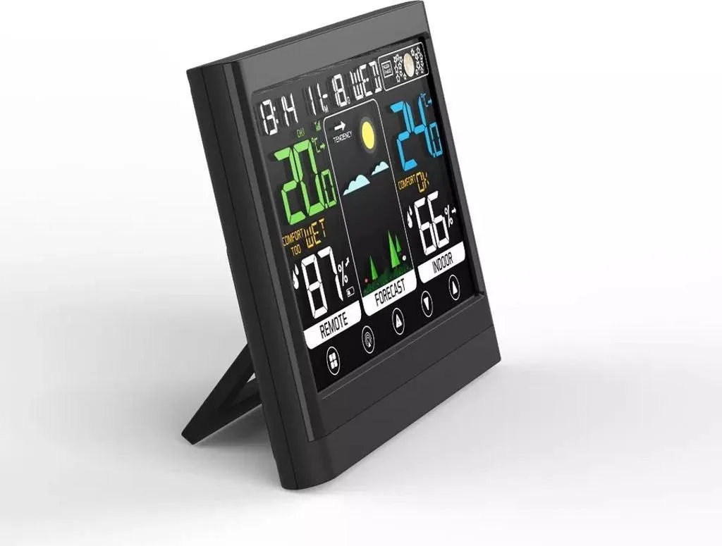 Station météo écran couleur noir avec prévisions et capteur haute portée