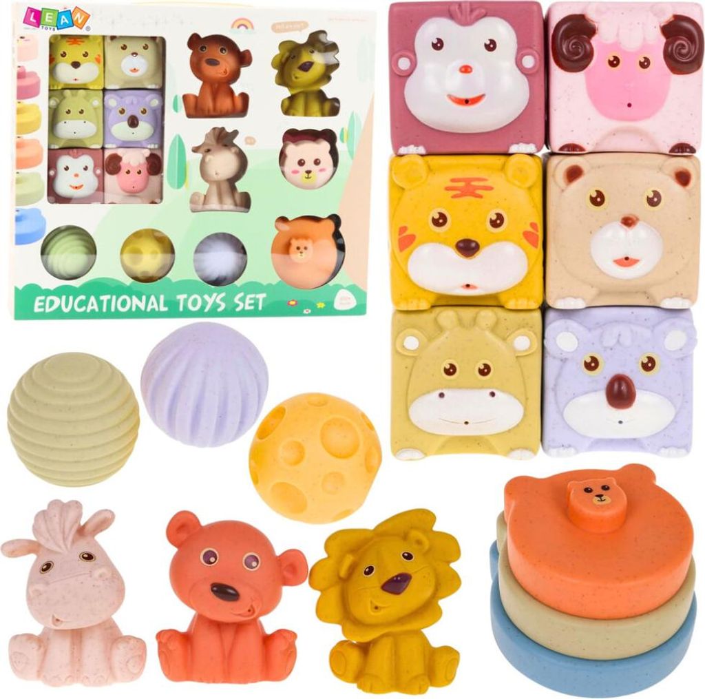 Set aus weichen sensorischen Lernbausteinen in Form von Gummitieren, 18-teilig.