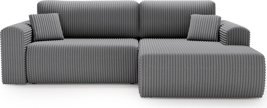 BETTSO Dunkelgraues Ecksofa LINEA mit Schlaffunktion und Bettzeugbehälter Rechts, Tilia-Kordbezug, 257x177 cm