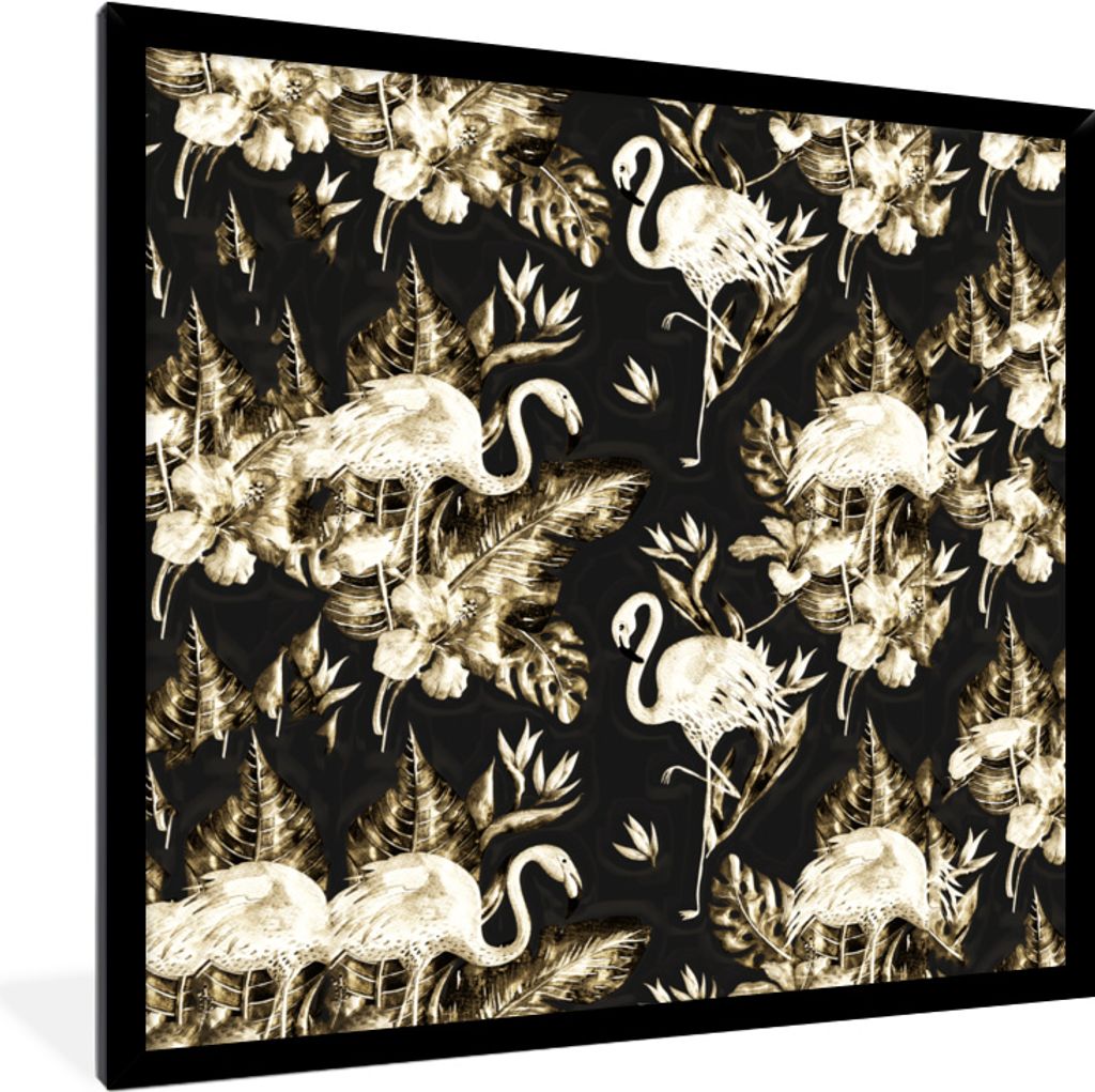 MuchoWow MuchoWow Gerahmtes Poster Flamingo - Blumen - Gold - Muster 40x40 cm - Poster mit zchwarzem Bilderrahmen - Mit Rahmen - Wanddekoration...
