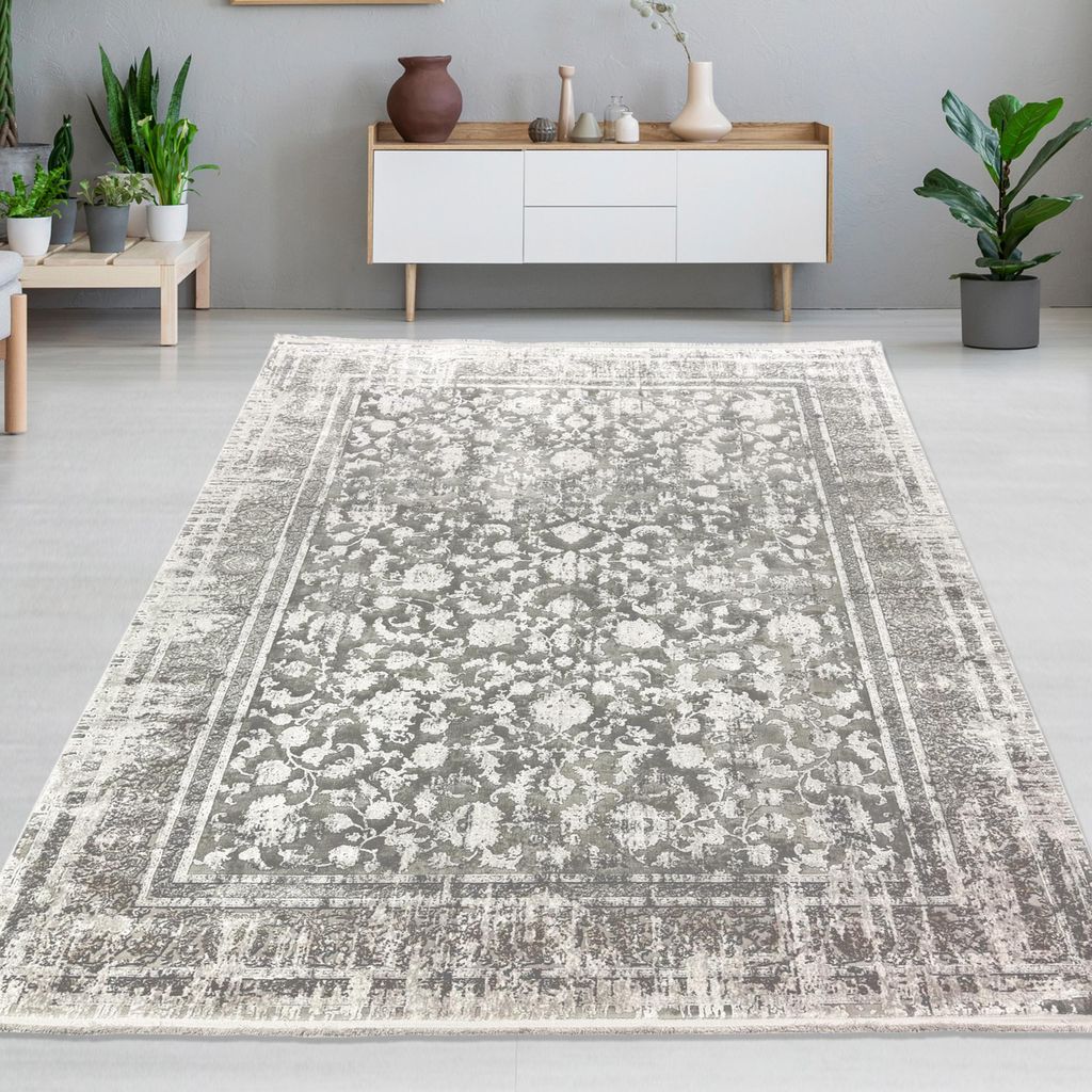 Vintage-Wollteppich orientalisch weich und pflegeleicht zeitlos elegant für Wohnzimmer & Schlafzimmer in Grau Größe - 140 x 200 cm