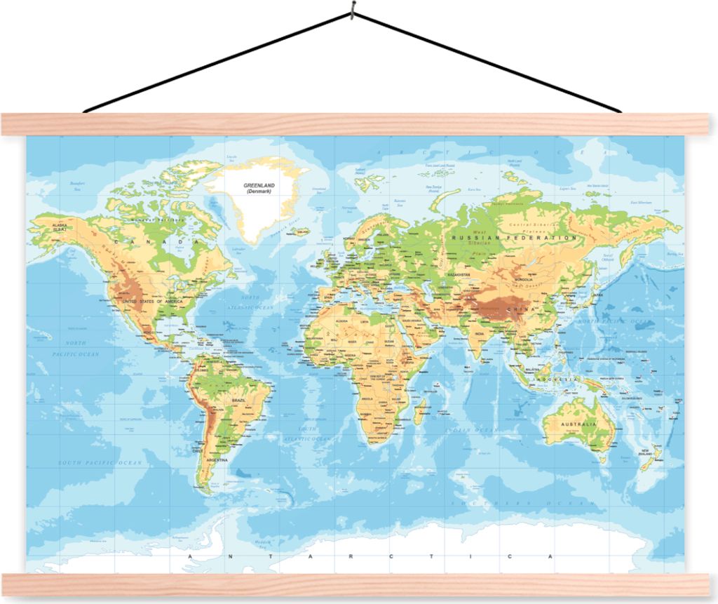 MuchoWow Textilposter Weltkarte - Geographie - Atlas 60x40 cm mit holzfarbenen Rahmen - Bilder