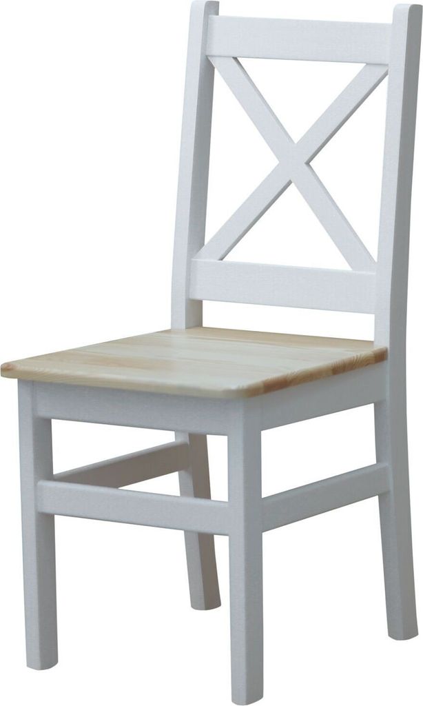 A white wooden chair with a light wood seat, shown from a slightly angled front view against a white background.